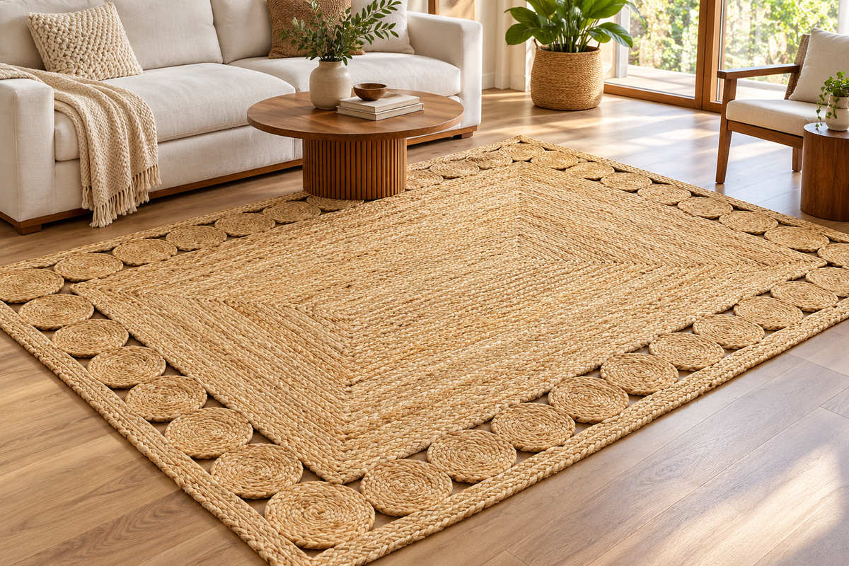 Natural Braided Jute Area Rug – Rectangular Medallion Border Rug for Living Room, Bedroom & Boho Home Decor