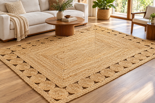 Natural Braided Jute Area Rug – Rectangular Medallion Border Rug for Living Room, Bedroom & Boho Home Decor