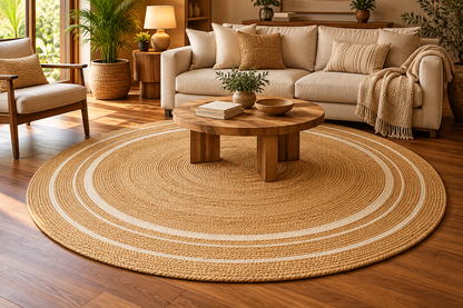 Round Natural & Ivory Jute Area Rug – Braided Concentric Stripe Rug for Living Room, Bedroom & Boho Decor