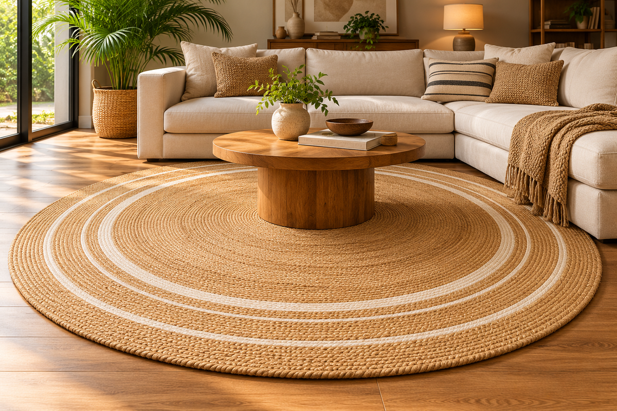 Round Natural & Ivory Jute Area Rug – Braided Concentric Stripe Rug for Living Room, Bedroom & Boho Decor