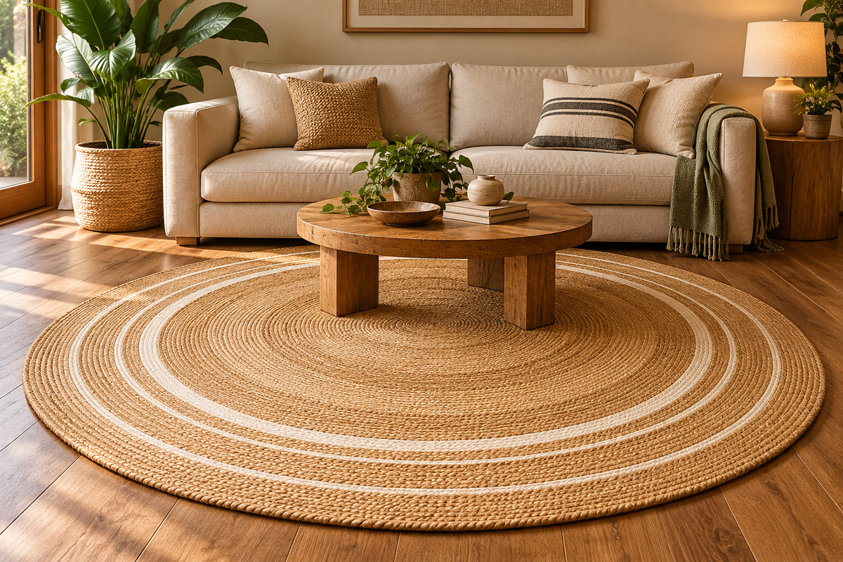 Round Natural & Ivory Jute Area Rug – Braided Concentric Stripe Rug for Living Room, Bedroom & Boho Decor