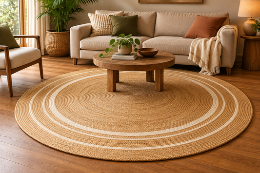 Round Natural & Ivory Jute Area Rug – Braided Concentric Stripe Rug for Living Room, Bedroom & Boho Decor