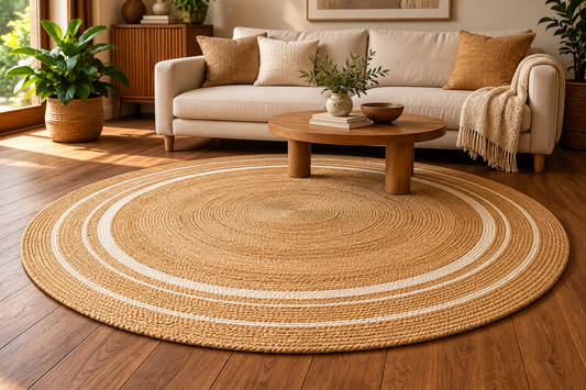 Round Natural & Ivory Jute Area Rug – Braided Concentric Stripe Rug for Living Room, Bedroom & Boho Decor