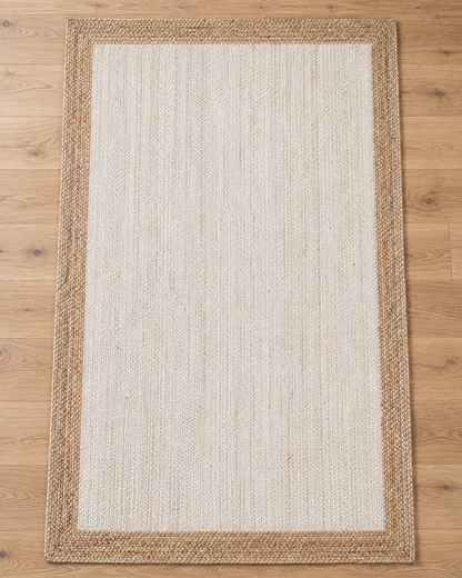 Ivory & Natural Jute Area Rug – Rectangular Braided Border Rug for Living Room, Bedroom & Modern Home Decor