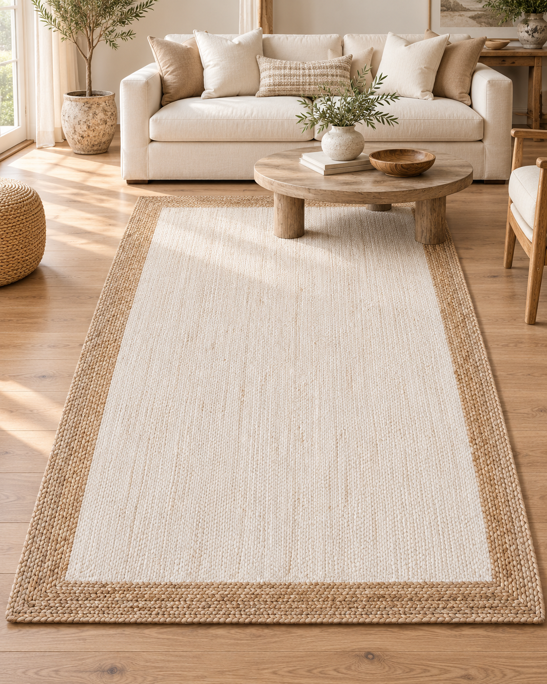 Ivory & Natural Jute Area Rug – Rectangular Braided Border Rug for Living Room, Bedroom & Modern Home Decor
