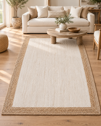 Ivory & Natural Jute Area Rug – Rectangular Braided Border Rug for Living Room, Bedroom & Modern Home Decor
