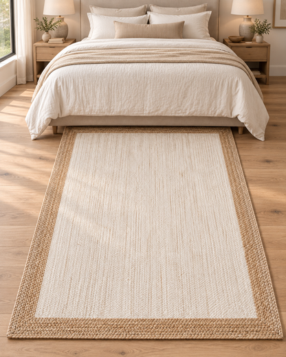 Ivory & Natural Jute Area Rug – Rectangular Braided Border Rug for Living Room, Bedroom & Modern Home Decor