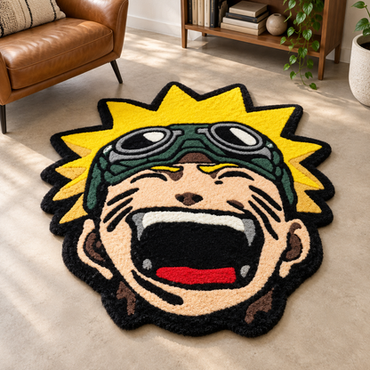 Anime Naruto Hand Tufted Wool Rug – Yellow Black Character Face Rug