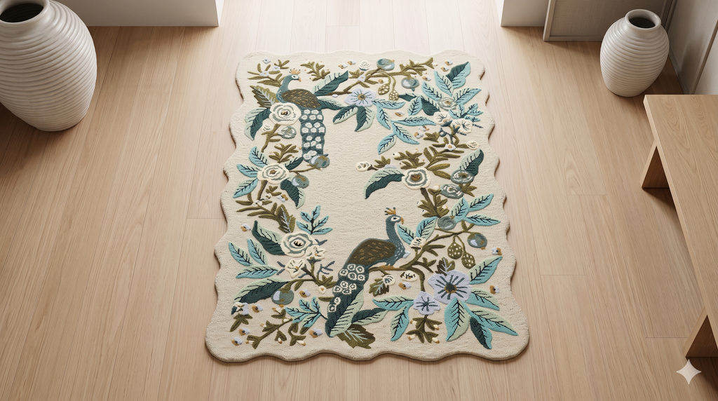 Luxury Hand Tufted Peacock Floral Wool Carpet | Natural Wool Rug with Natural Latex Anti-Skid Backing