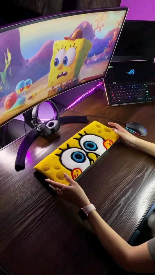 Hand-Tufted SpongeBob SquarePants Keyboard Rug & Wrist Rest | Custom Yellow Cartoon Plush Desk Mat