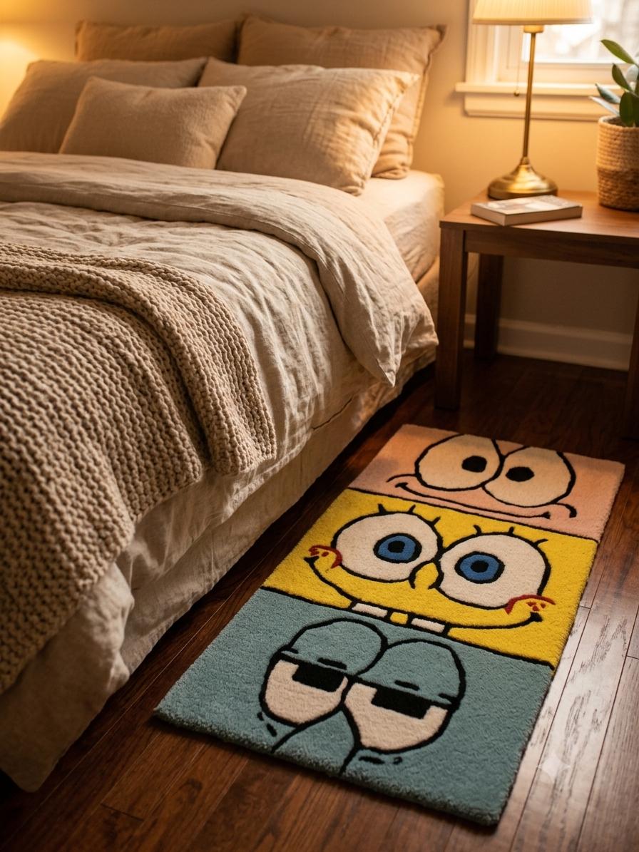 Handmade Natural Wool SpongeBob Character Rug | Soft Woollen Floor Mat for Kids and Bedroom Decor