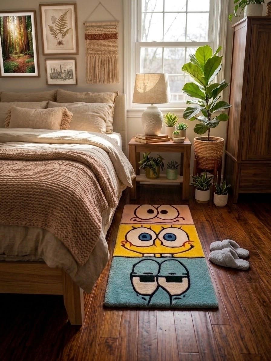 Handmade Natural Wool SpongeBob Character Rug | Soft Woollen Floor Mat for Kids and Bedroom Decor