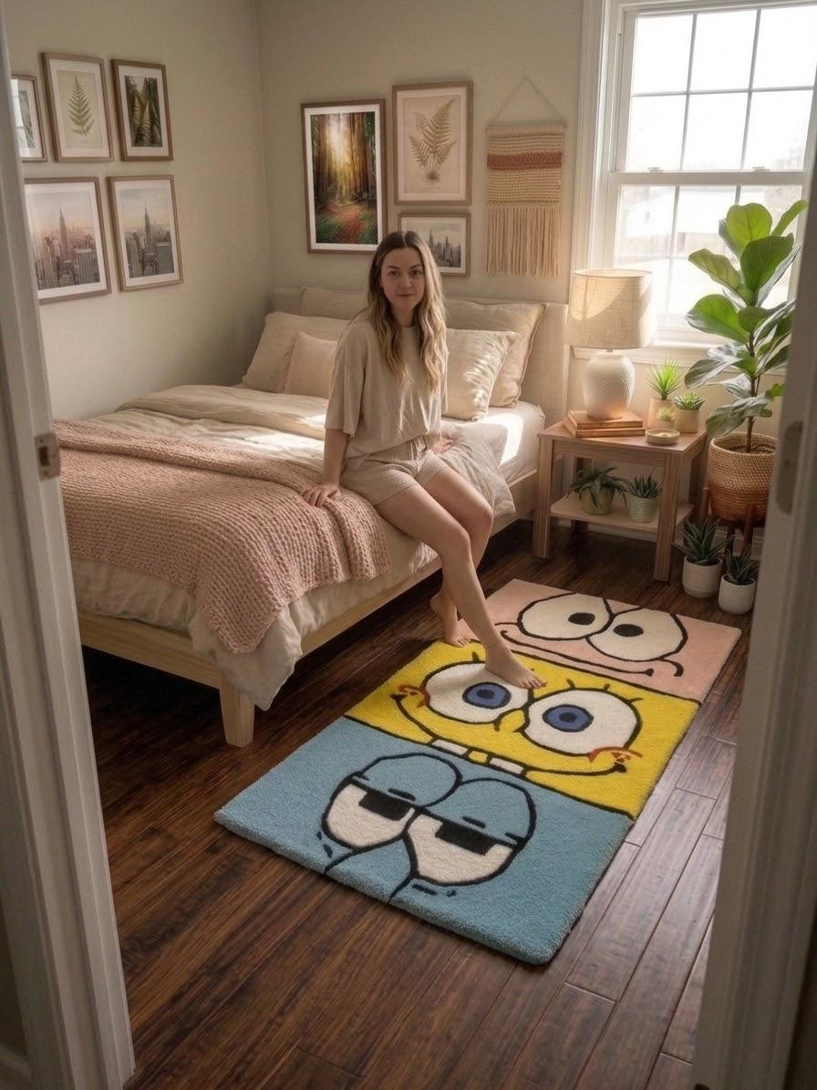 Handmade Natural Wool SpongeBob Character Rug | Soft Woollen Floor Mat for Kids and Bedroom Decor