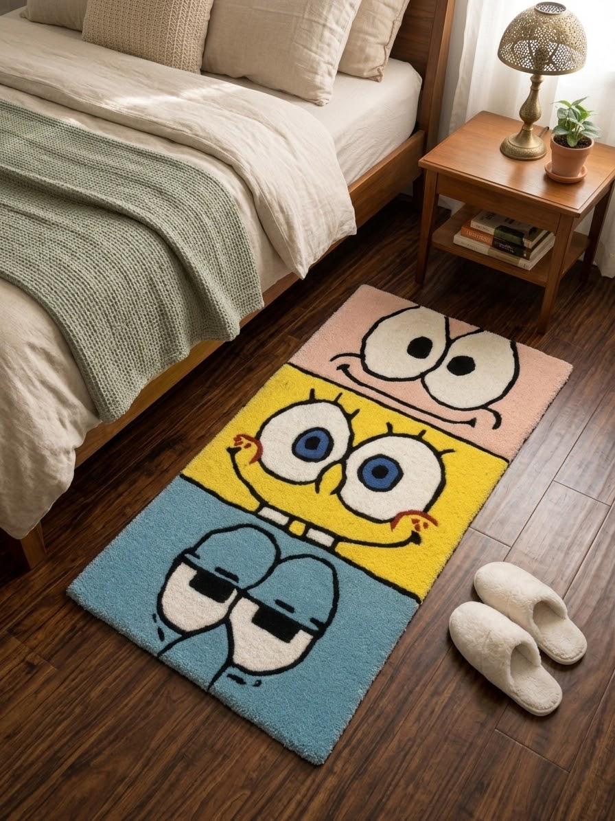 Handmade Natural Wool SpongeBob Character Rug | Soft Woollen Floor Mat for Kids and Bedroom Decor