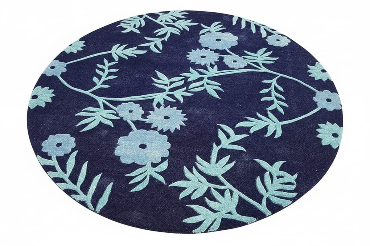 Blue Floral Round Hand Tufted Wool Rug – Navy & Aqua Botanical Area Rug