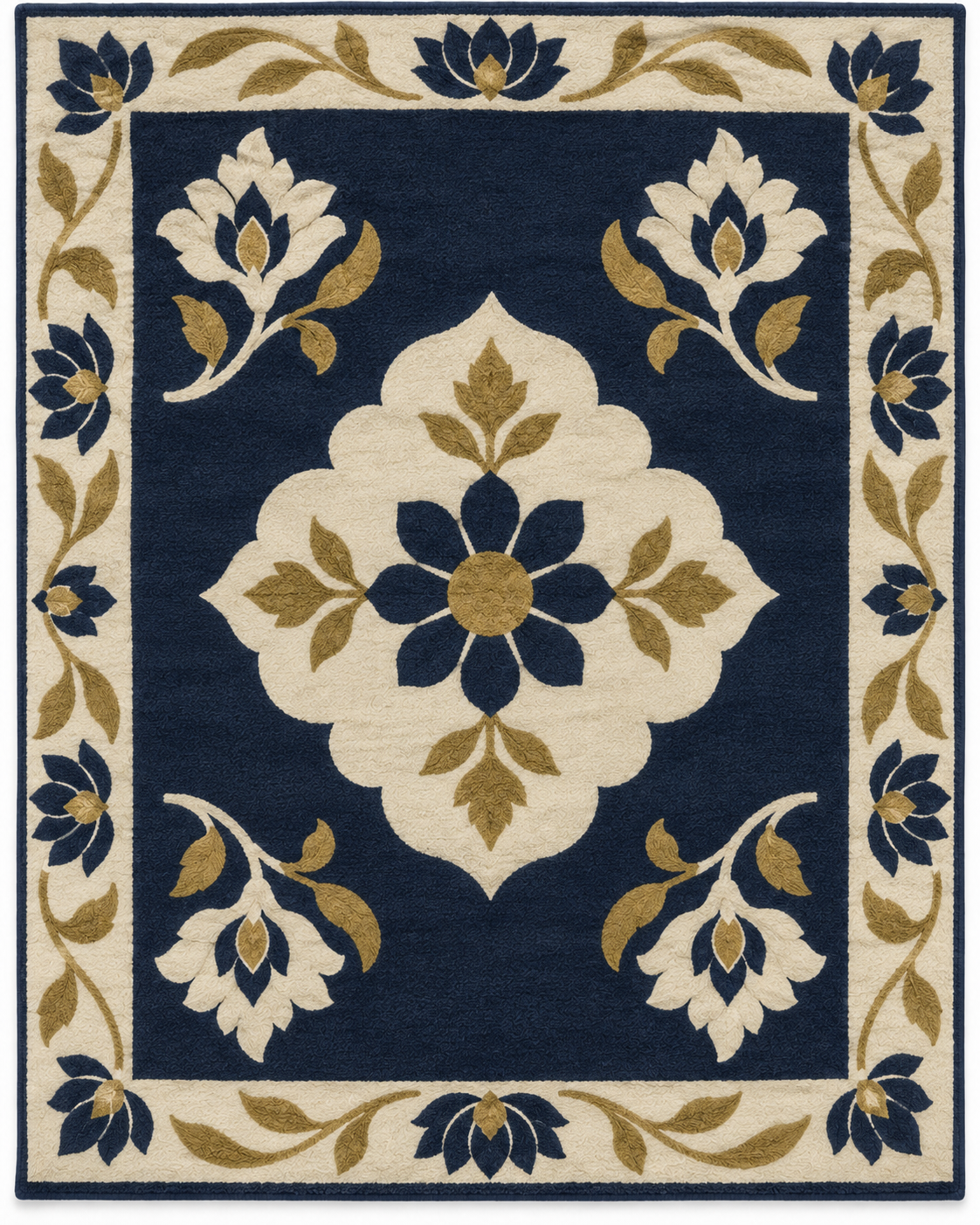 Hand Tufted Floral Wool Area Rug – Navy Blue, Cream & Gold Botanical Design