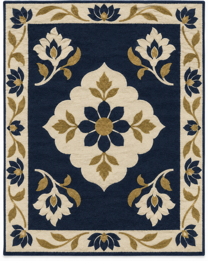 Hand Tufted Floral Wool Area Rug – Navy Blue, Cream & Gold Botanical Design