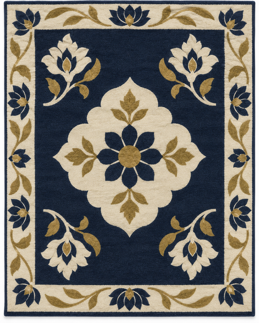 Hand Tufted Floral Wool Area Rug – Navy Blue, Cream & Gold Botanical Design