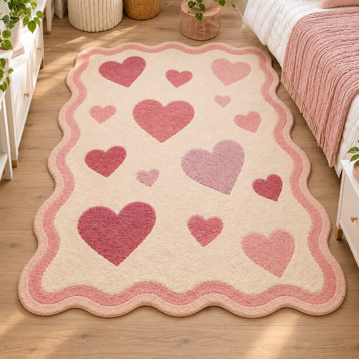 Blush Hearts Scalloped Rug — hand tufted wool rug