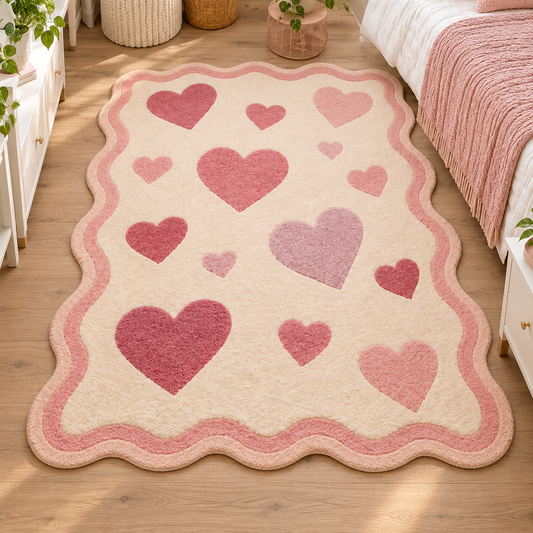 Blush Hearts Scalloped Rug — hand tufted wool rug