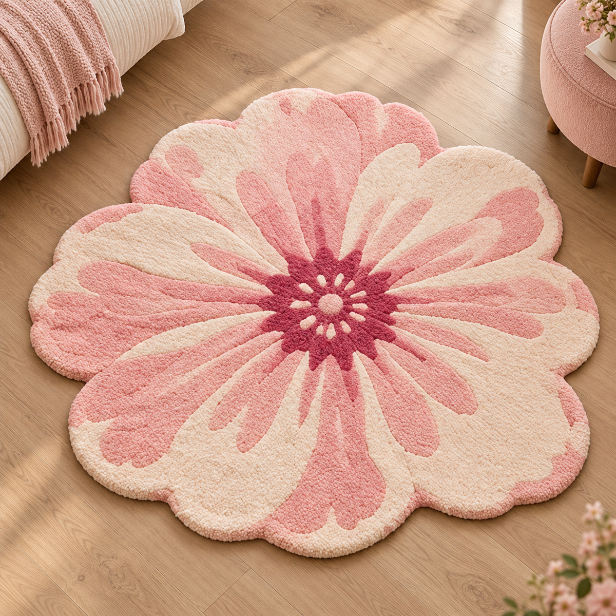 Blush Peony Flower Rug — hand tufted wool rug