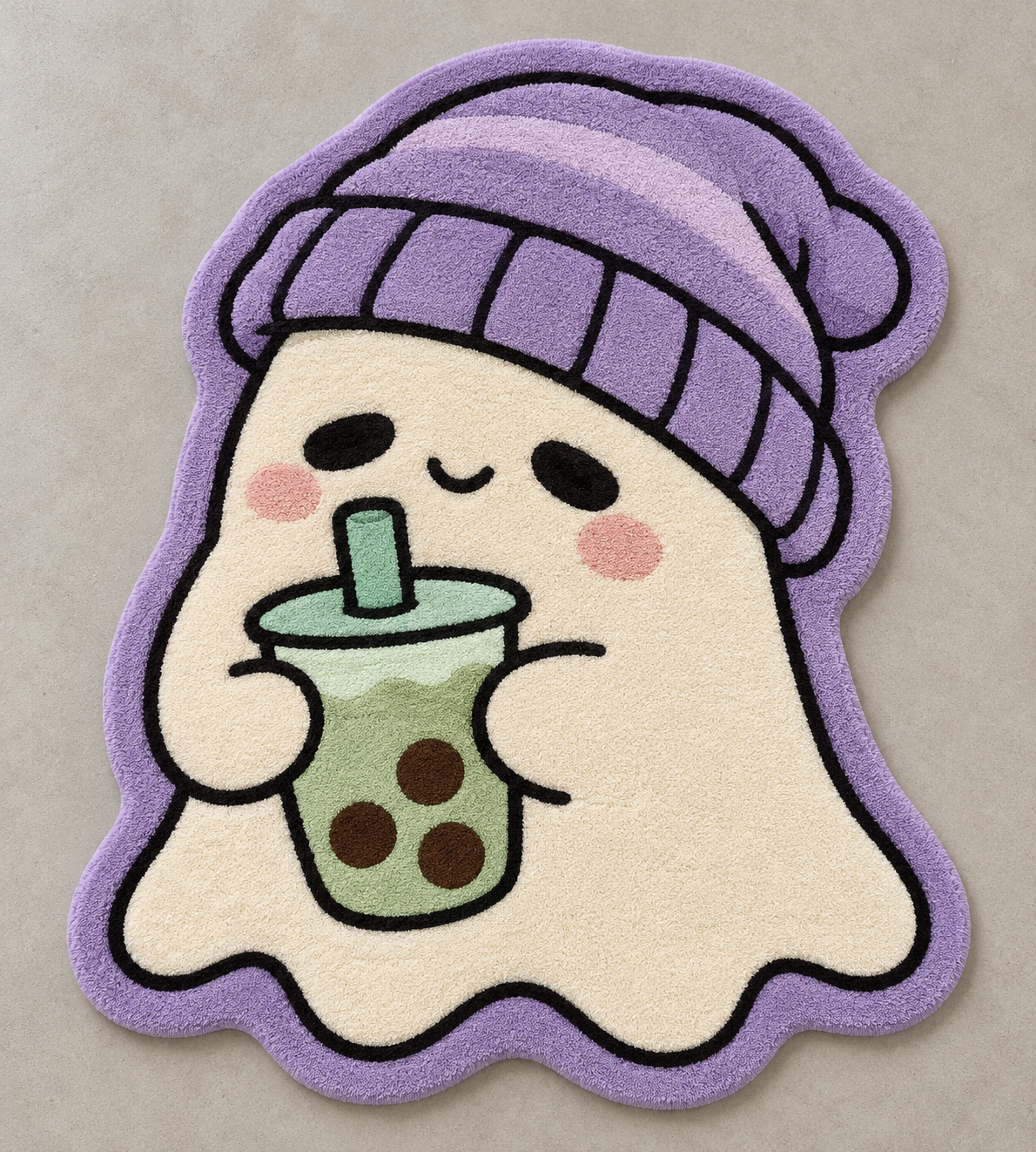Boba Boo original cartoon ghost hand-tufted wool rug in cream, lilac, mint and pink – AI-generated design visualization