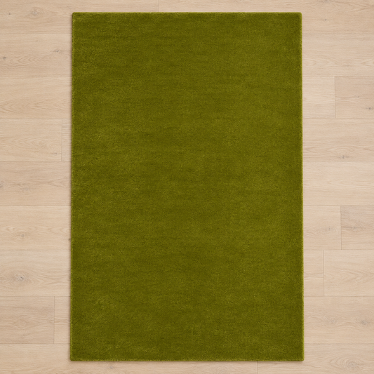 Totally plain olive green hand tufted rug, no border