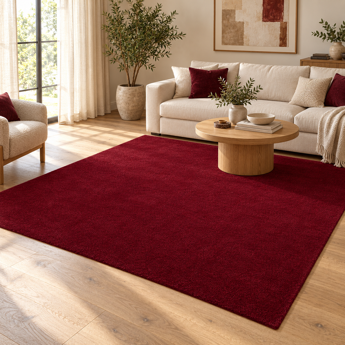 Burgundy Totally Plain Hand Tufted Rug | Borderless Solid Color styled in a decorated living room with sofa