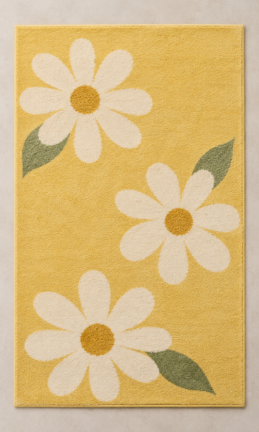 Butter Meadow butter yellow, cream & sage rectangle hand-tufted wool rug – AI-generated design visualization