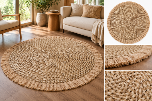 Round Braided Jute Rug with Fringe – Natural Beige Circular Area Rug for Living Room, Bedroom & Entryway