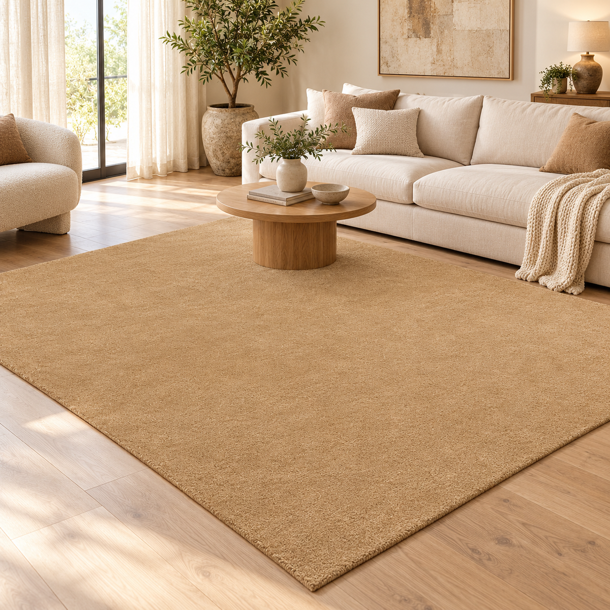 Camel Beige Totally Plain Hand Tufted Rug | Borderless Solid Color styled in a decorated living room with sofa