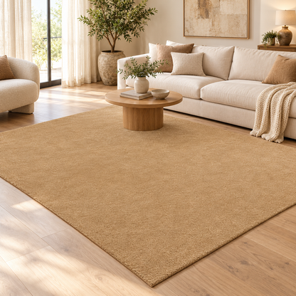 Camel Beige Totally Plain Hand Tufted Rug | Borderless Solid Color styled in a decorated living room with sofa