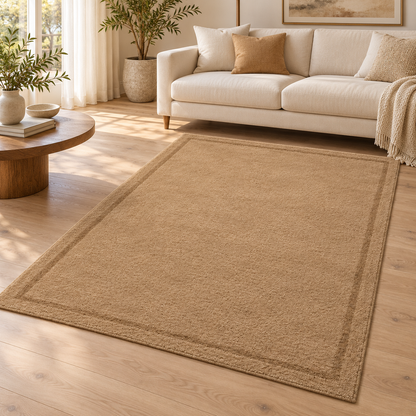 Camel Plain Hand Tufted Rug – Subtle Single Border styled in a decorated living room with sofa