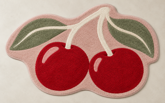 Cherry Duo cherry red, blush pink & sage irregular hand-tufted wool rug – AI-generated design visualization