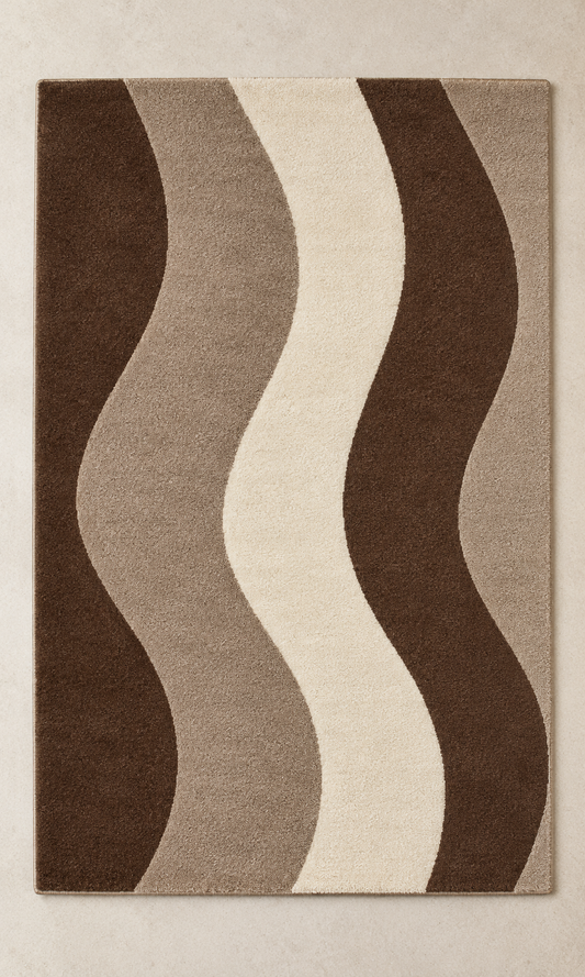 Cocoa Tide cocoa brown, taupe & ivory rectangle hand-tufted wool rug – AI-generated design visualization