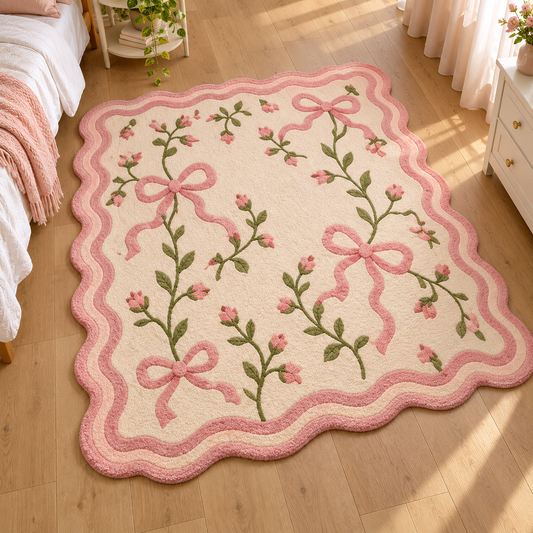Coquette Bow & Rose Scalloped Rug — hand tufted wool rug