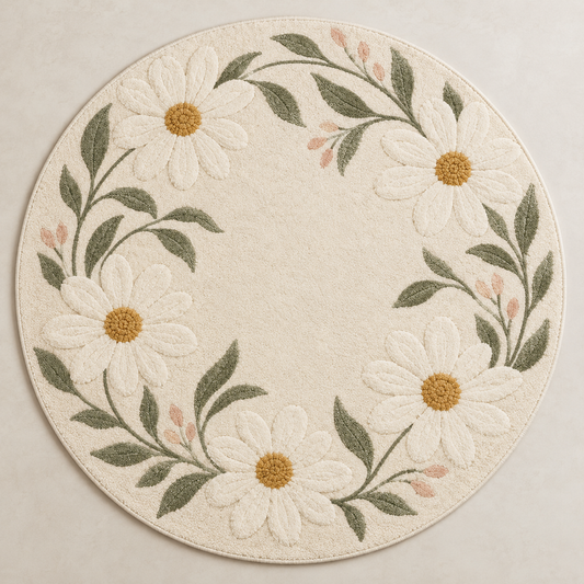 Daisy Halo ivory, sage green & blush pink round hand-tufted wool rug – AI-generated design visualization