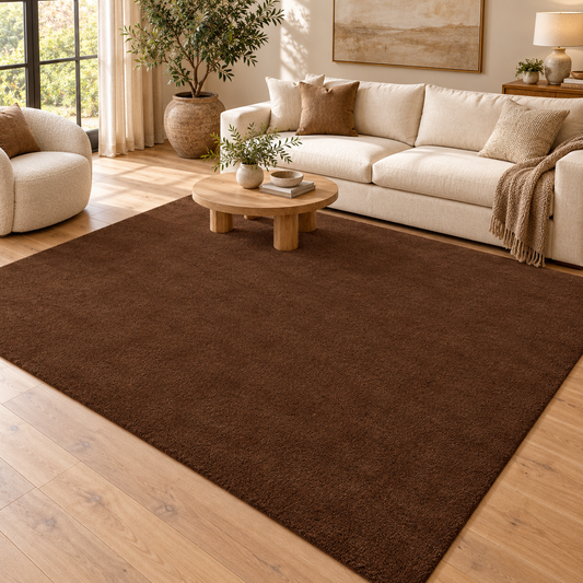 Dark Chocolate Brown Totally Plain Hand Tufted Rug | Borderless Solid Color styled in a decorated living room with sofa