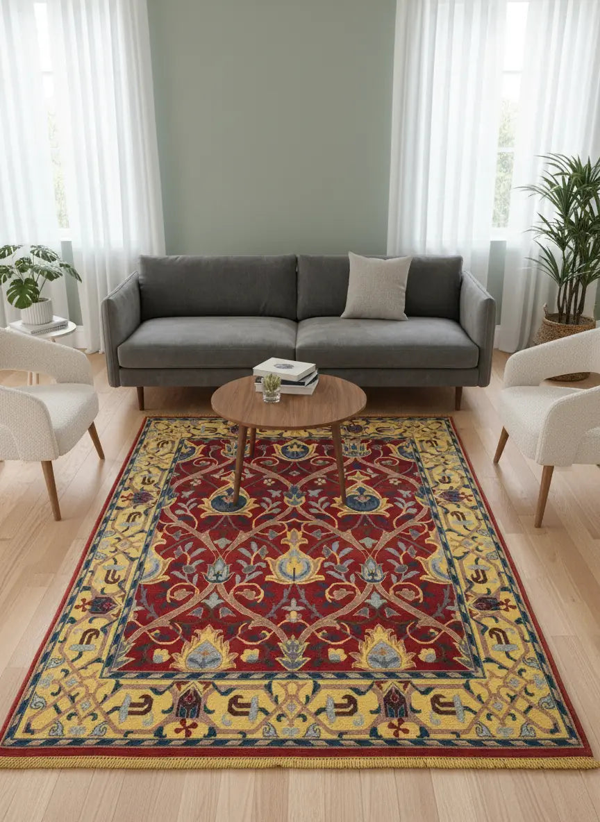 Persian Hand Tufted Wool Carpet 26 | Pomegranate Design | Natural Wool Anti-Skid Latex Backing – View 4