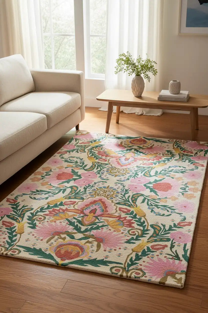 Persian Hand Tufted Wool Carpet 2 | Floral Vine Design | Natural Wool Anti-Skid Latex Backing – View 3
