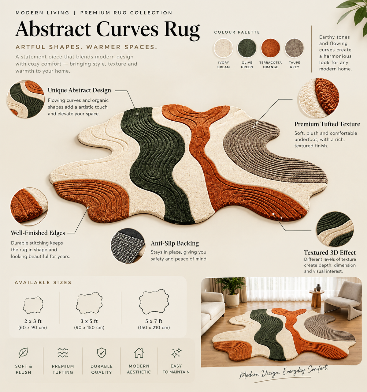 Earth Tone Abstract Waves hand-tufted rug, image 5