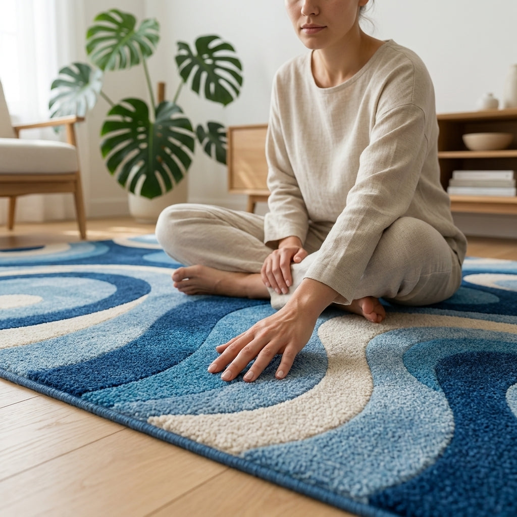 Hand Tufted Artisan Floral Block Print Wool Rug - View 3