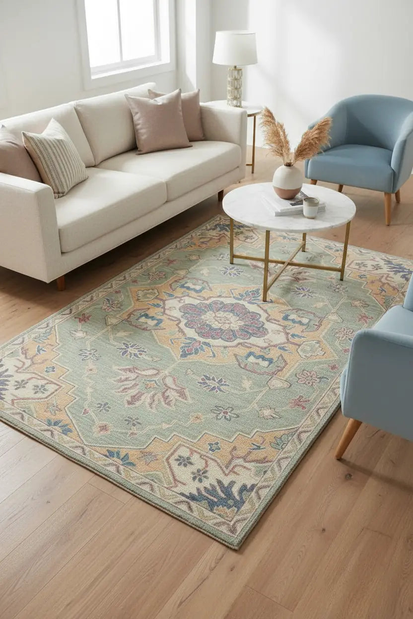 Persian Hand Tufted Wool Carpet 9 | Gul Design | Natural Wool Anti-Skid Latex Backing – View 3