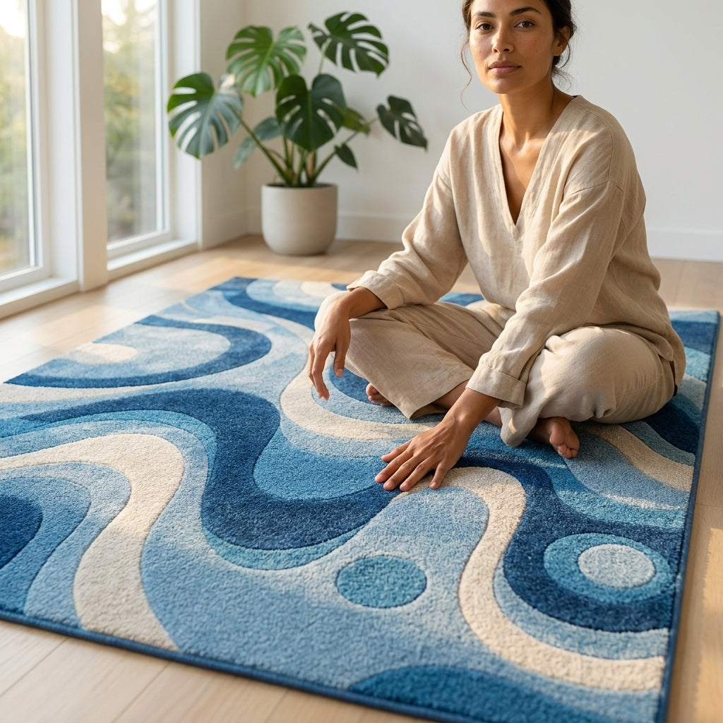 Hand Tufted Artisan Floral Block Print Wool Rug - View 4