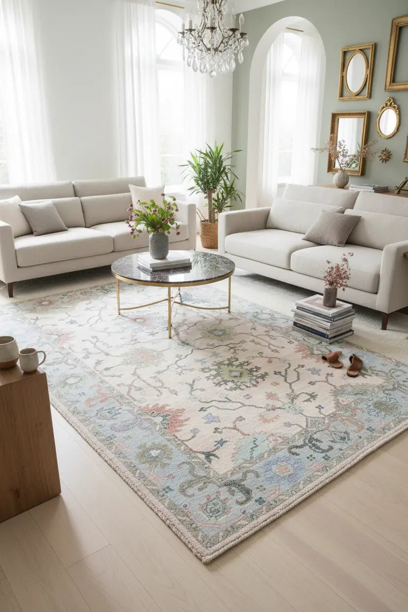 Persian Hand Tufted Wool Carpet 7 | Geometric Design | Natural Wool Anti-Skid Latex Backing – View 6