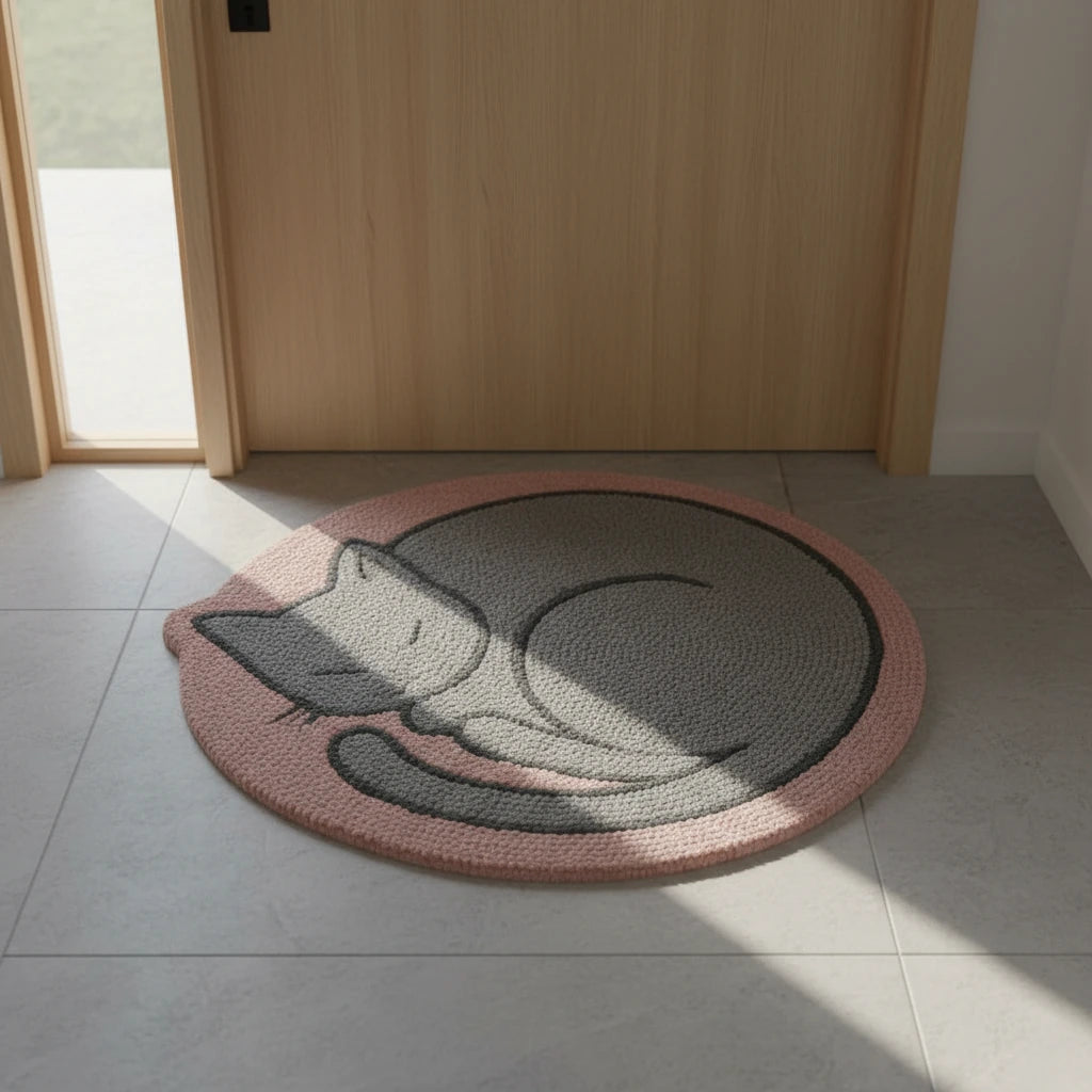 Hand Tufted Sleepy Cat Face Wool Doormat - View 3