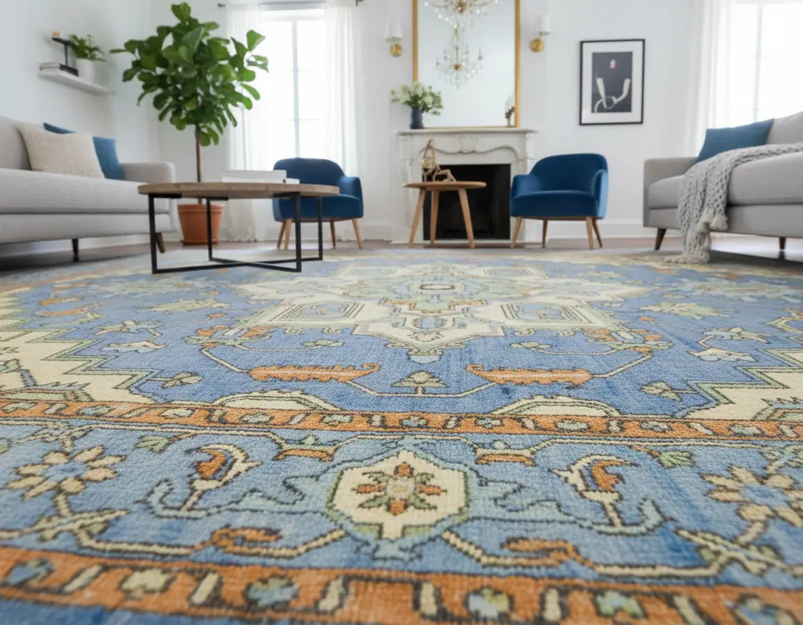 Persian Hand Tufted Wool Carpet 27 | Palmette Design | Natural Wool Anti-Skid Latex Backing – View 6