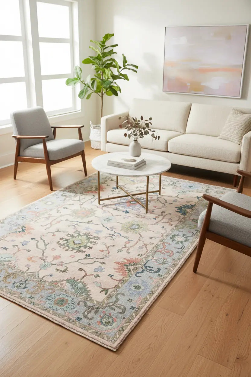 Persian Hand Tufted Wool Carpet 7 | Geometric Design | Natural Wool Anti-Skid Latex Backing – View 5