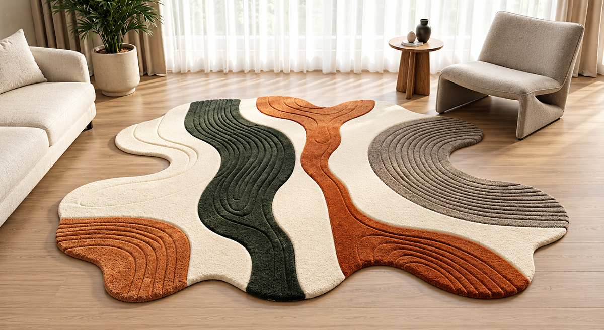 Earth Tone Abstract Waves hand-tufted rug, image 1