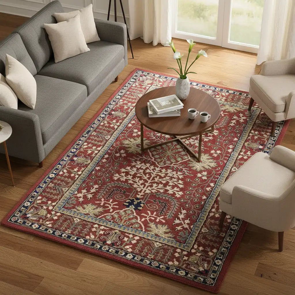 Persian Hand Tufted Wool Carpet 1 | Medallion Design | Natural Wool Anti-Skid Latex Backing – View 6